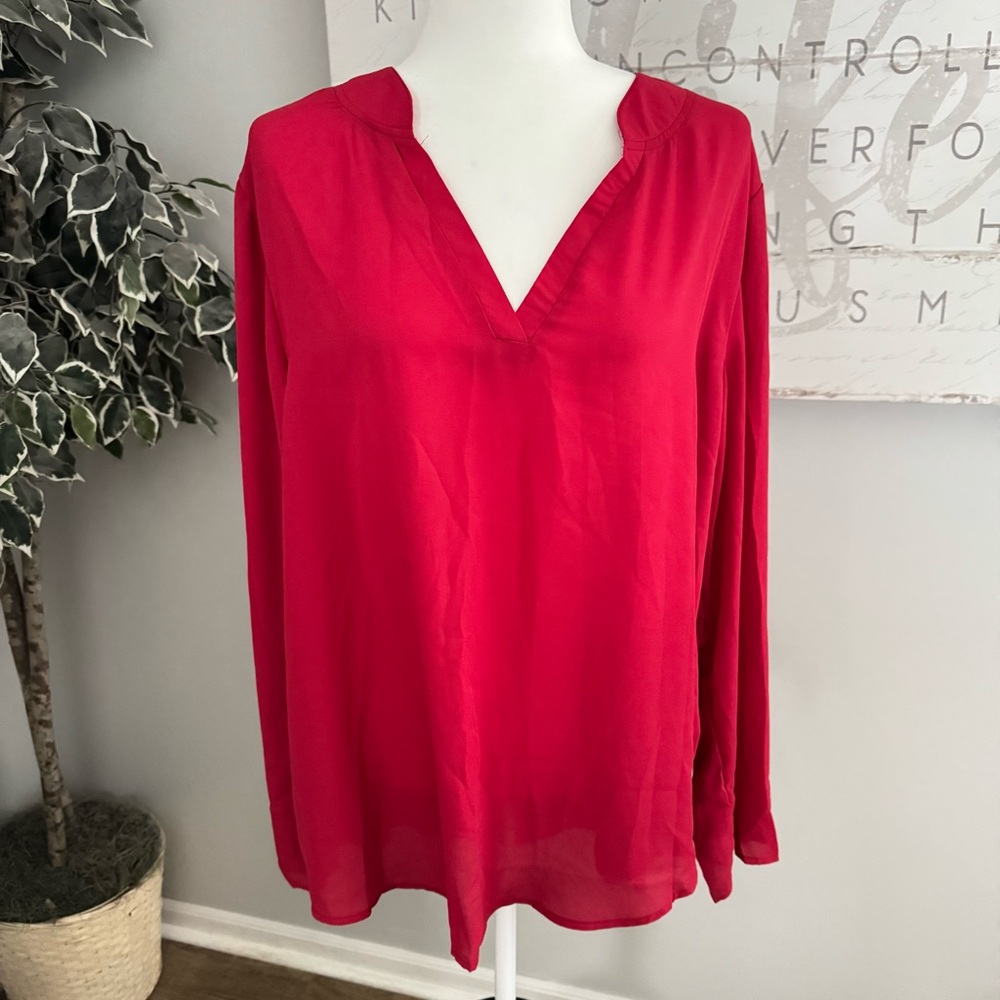 Roswear Womens‎ Red 2X V-neck Long Sleeve Tunic Semi Sheer Minimalist Top Office